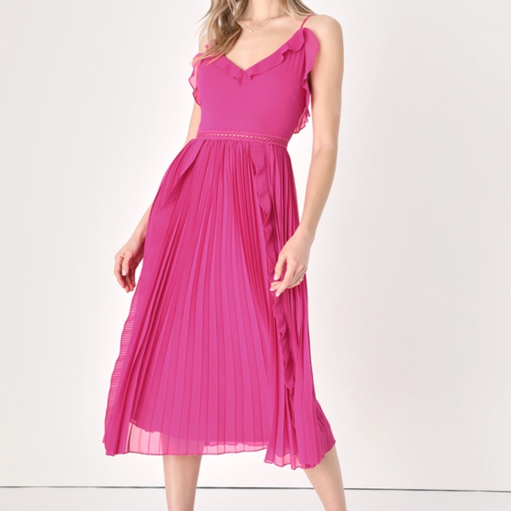 Lulus Never A Dull Moment Magenta Pink Tie-strap Pleated Midi Dress - Size M